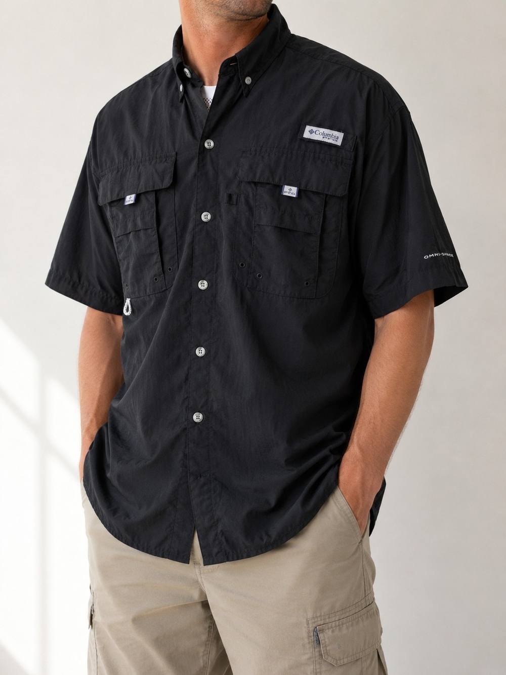 Columbia PFG Bahama Fishing Shirt Mens M Black Short Sleeve Omni-Shade